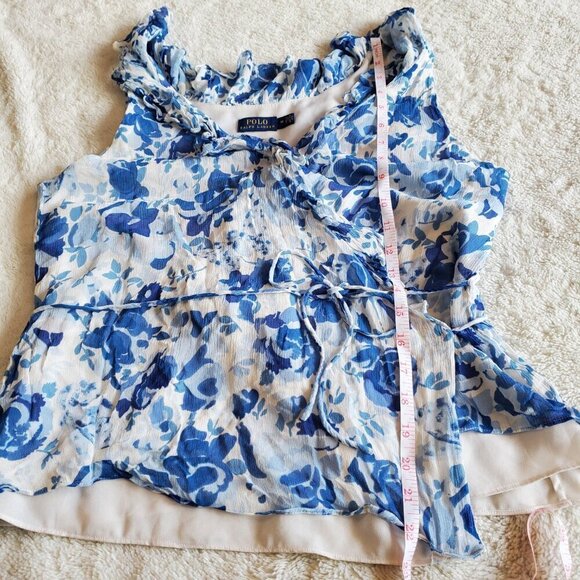 Polo Ralph Lauren Blue White Floral Sleeveless Wrap Blouse 10 Dainty Feminine - Picture 8 of 8